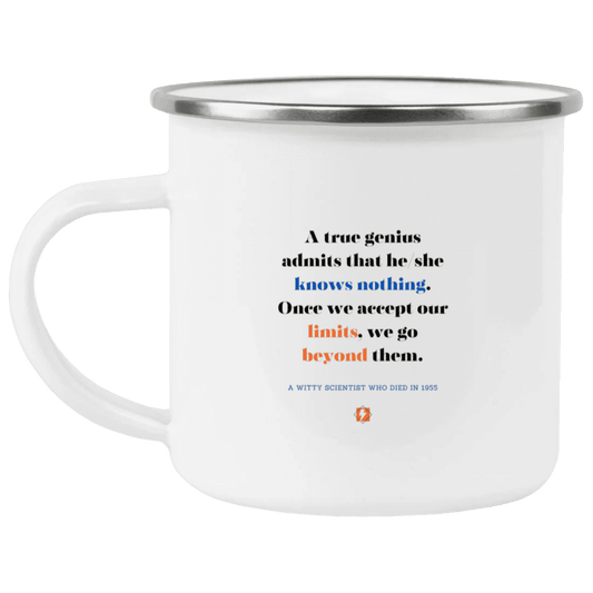 Steel Camping Mug with inspiring Einstein quote: E119 - A genius is conscious of one's limits - Color: Plain White