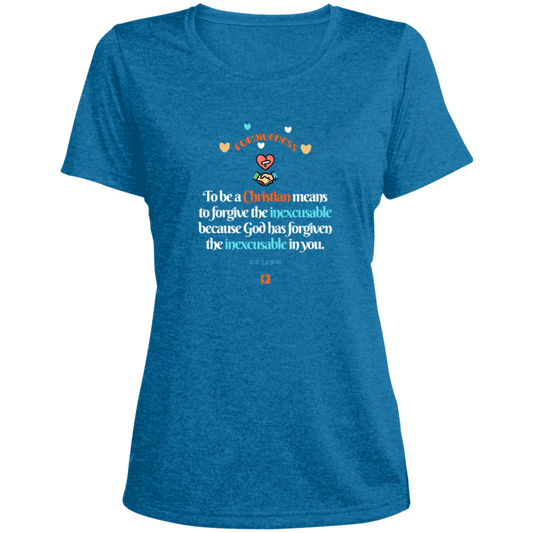 Ladies' Heather Scoop Neck Performance Tee with inspiring CS Lewis quote: CS116 - Forgive the inexcusable - Color: Blue Wake Heather