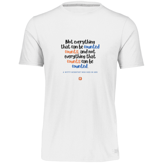 Men’s Dri-Power Odor Protection UPF 30+ T-Shirt with inspiring Einstein quote: E104 - Not everything that can be counted counts - Color: White