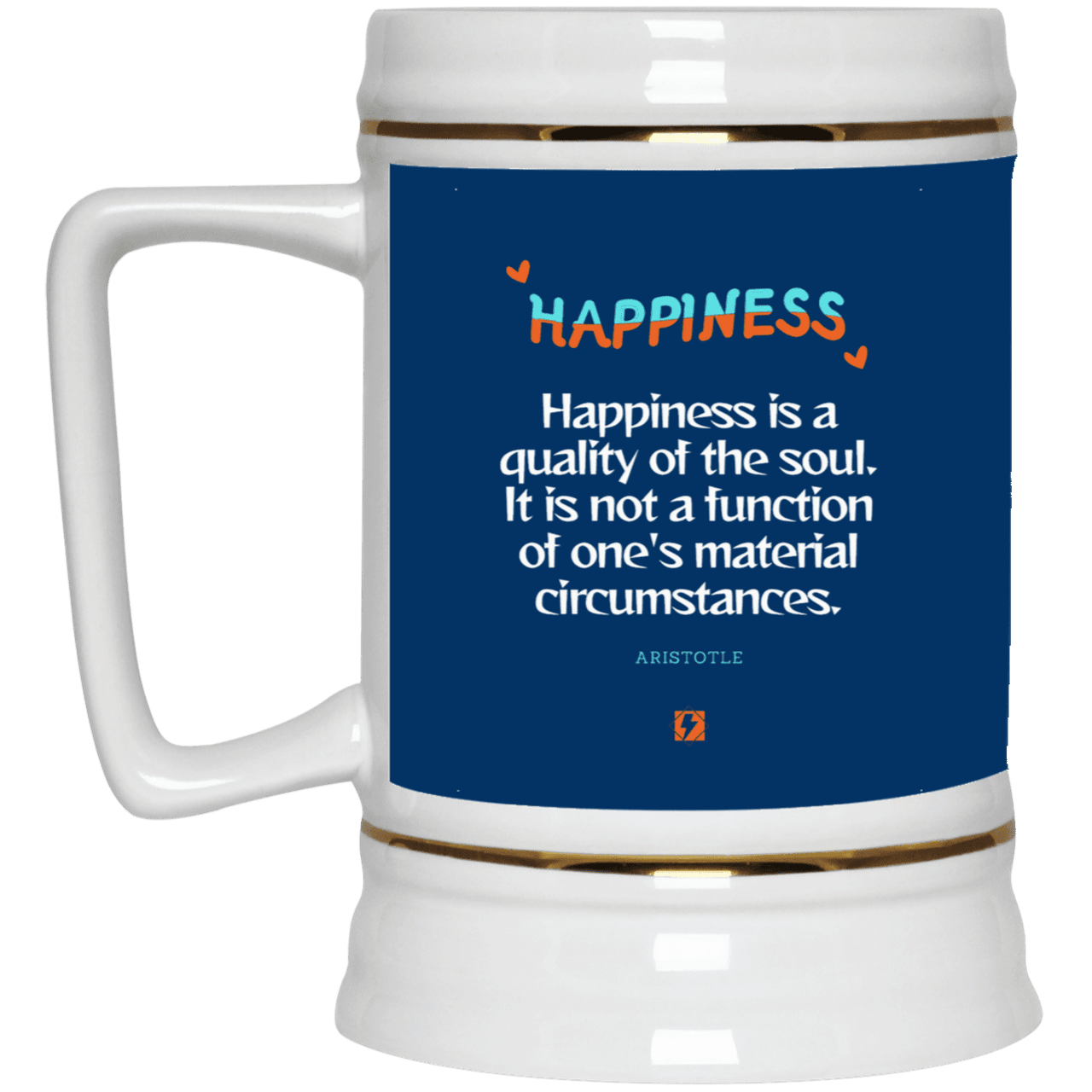 Ceramic Beer Stein Mug with inspiring Aristotle quote: A112 - Happiness is not circumstantial - Color: Royal