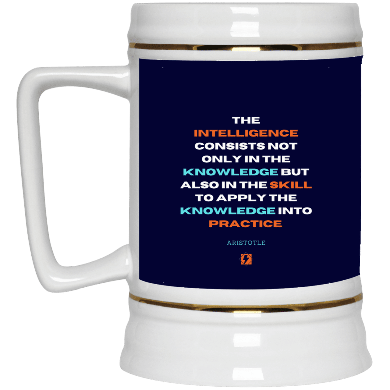 Ceramic Beer Stein Mug with inspiring Aristotle quote: A127 - Intelligence vs Knowledge - Color: Navy