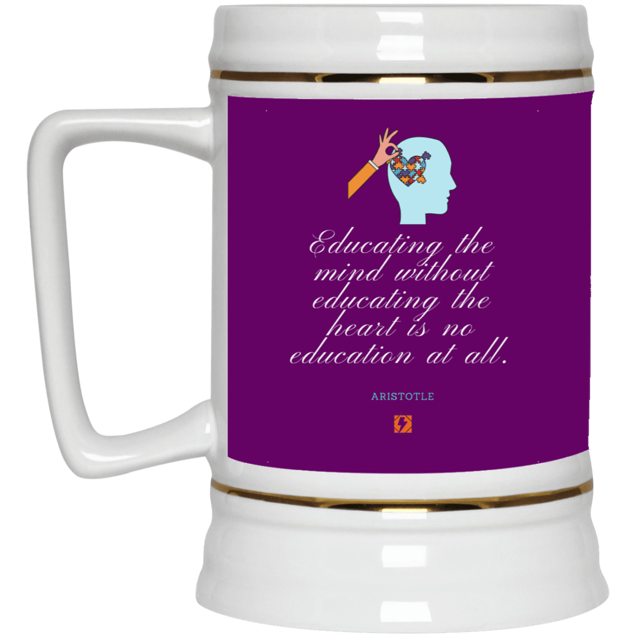 Ceramic Beer Stein Mug with inspiring Aristotle quote: A110 - Education must include the heart - Color: Purple