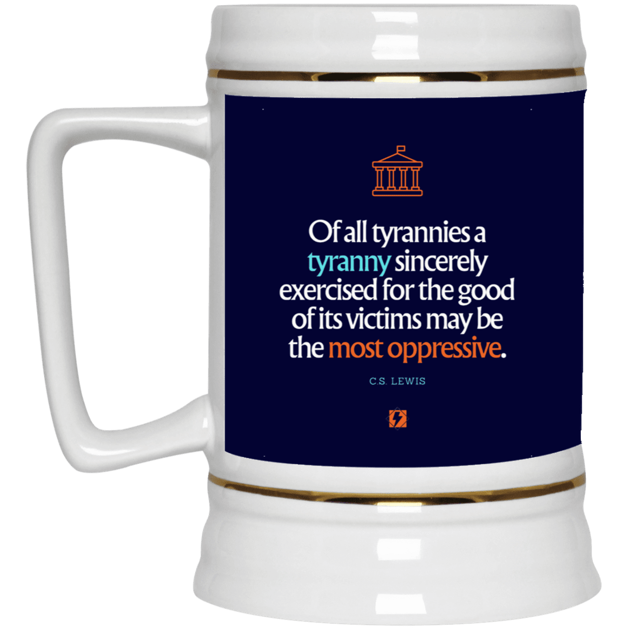 Ceramic Beer Stein Mug with inspiring CS Lewis quote: CS112 - Tyranny is amplified by sincere intention - Color: Navy