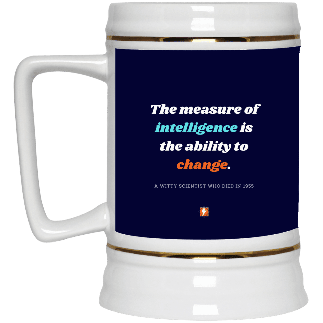 Ceramic Beer Stein Mug with inspiring Einstein quote: E117 - Intelligence is the ability to change - Color: Navy