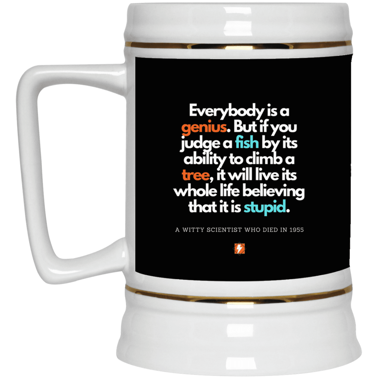 Ceramic Beer Stein Mug with inspiring Einstein quote: E103 - Everybody is a genius - Color: Black