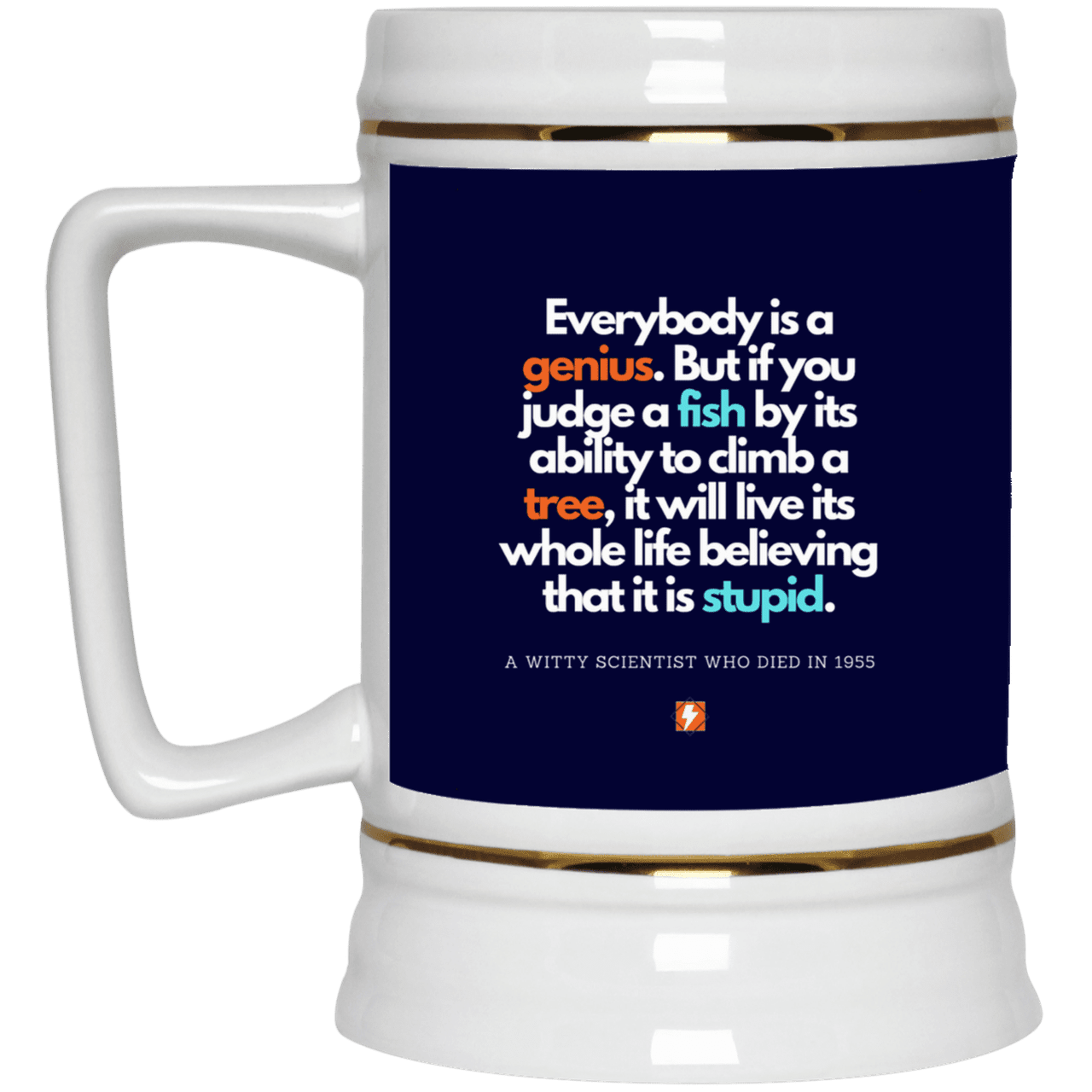 Ceramic Beer Stein Mug with inspiring Einstein quote: E103 - Everybody is a genius - Color: Navy