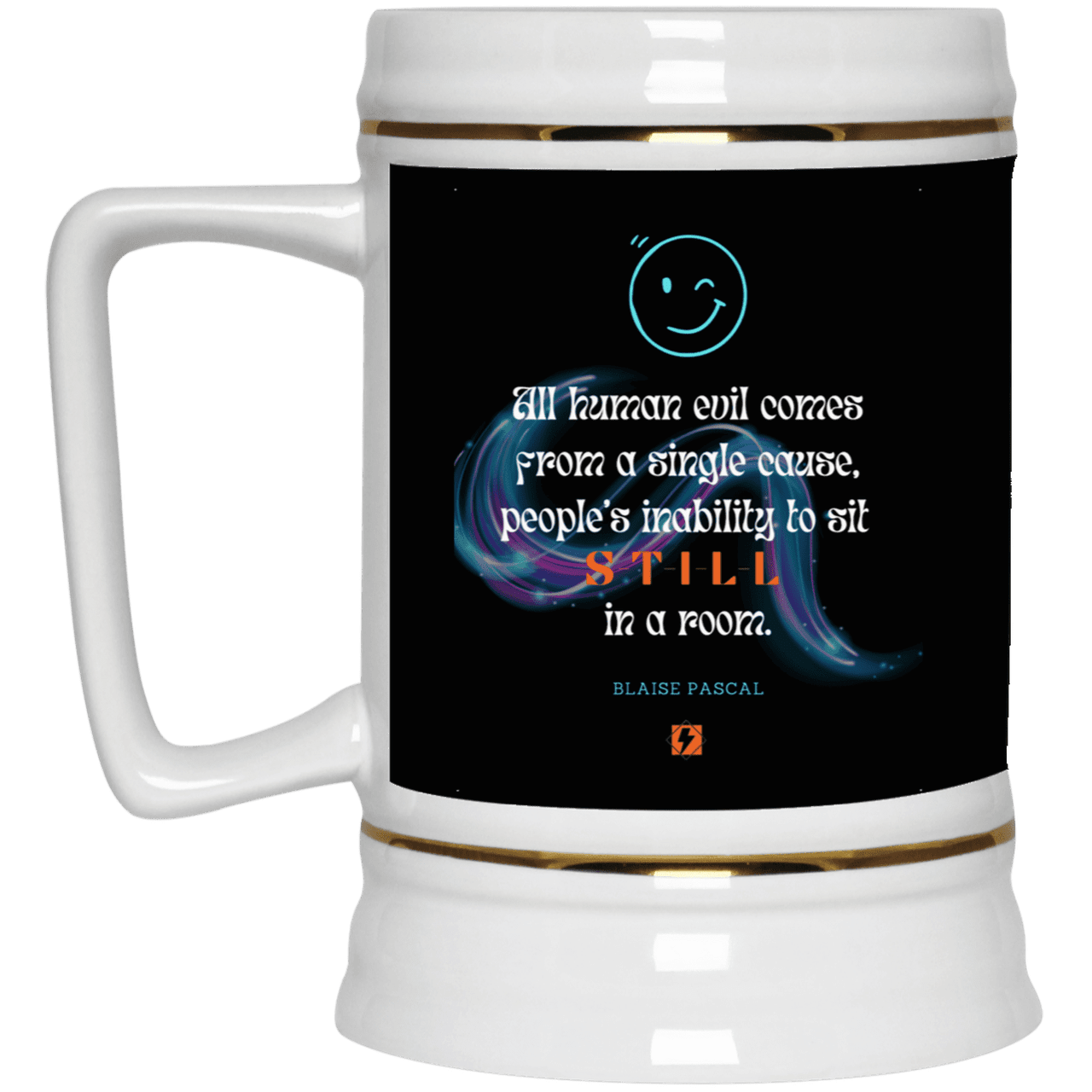 Ceramic Beer Stein Mug with inspiring Pascal quote: BP101 - Importance of keeping still - Color: Black