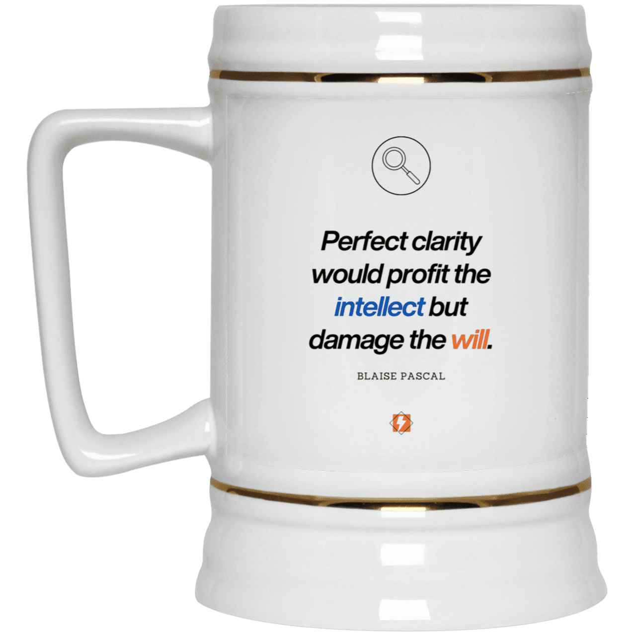 Ceramic Beer Stein Mug with inspiring Pascal quote: BP109 - Clarity sometimes leads to inaction - Color: Plain White