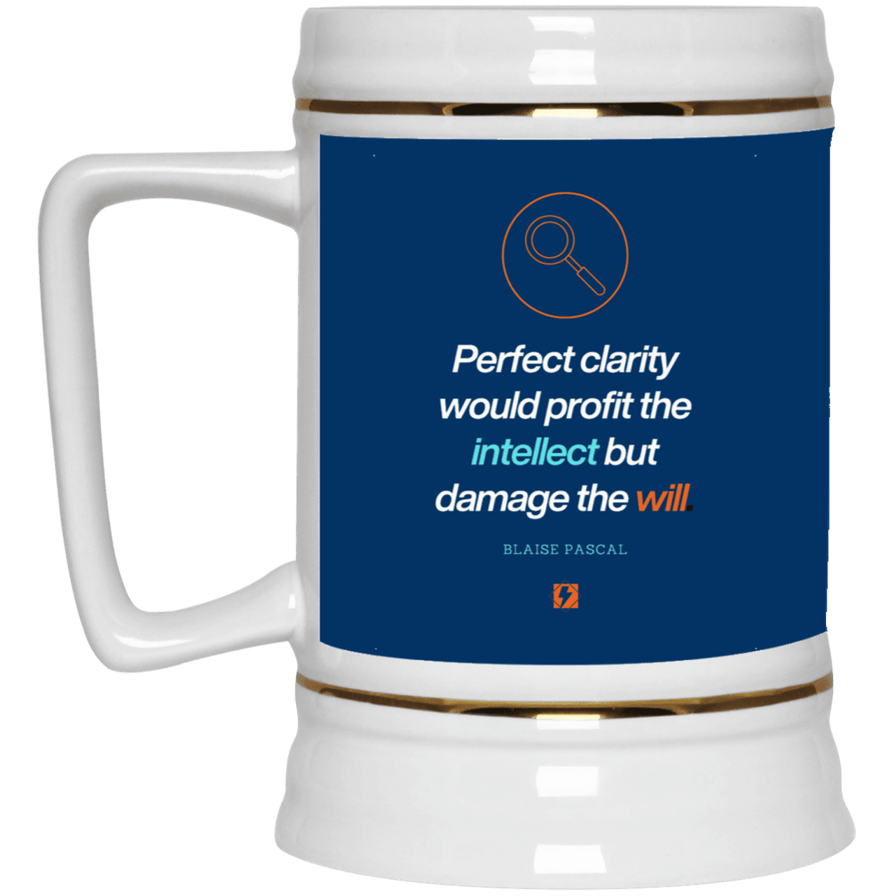 Ceramic Beer Stein Mug with inspiring Pascal quote: BP109 - Clarity sometimes leads to inaction - Color: Royal