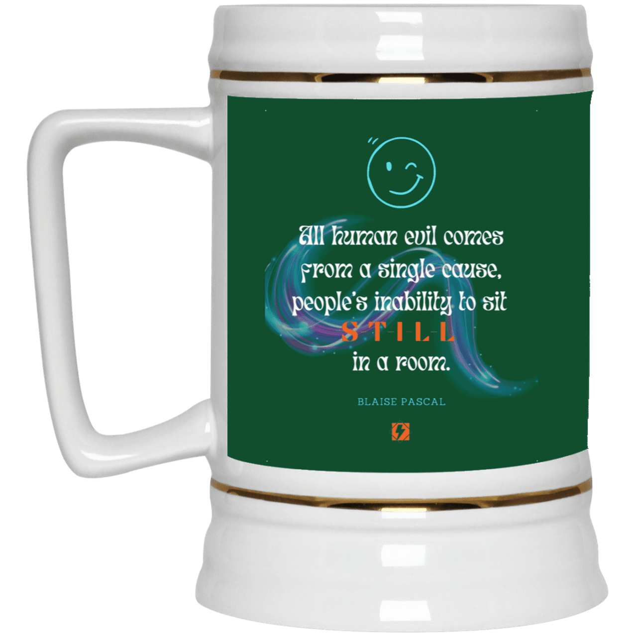 Ceramic Beer Stein Mug with inspiring Pascal quote: BP101 - Importance of keeping still - Color: Forest