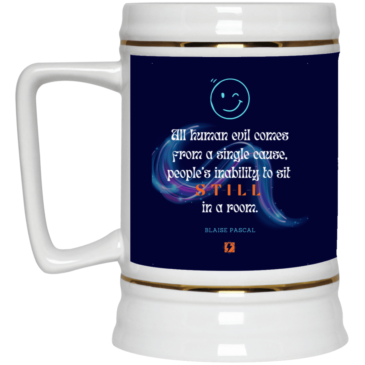 Ceramic Beer Stein Mug with inspiring Pascal quote: BP101 - Importance of keeping still - Color: Navy