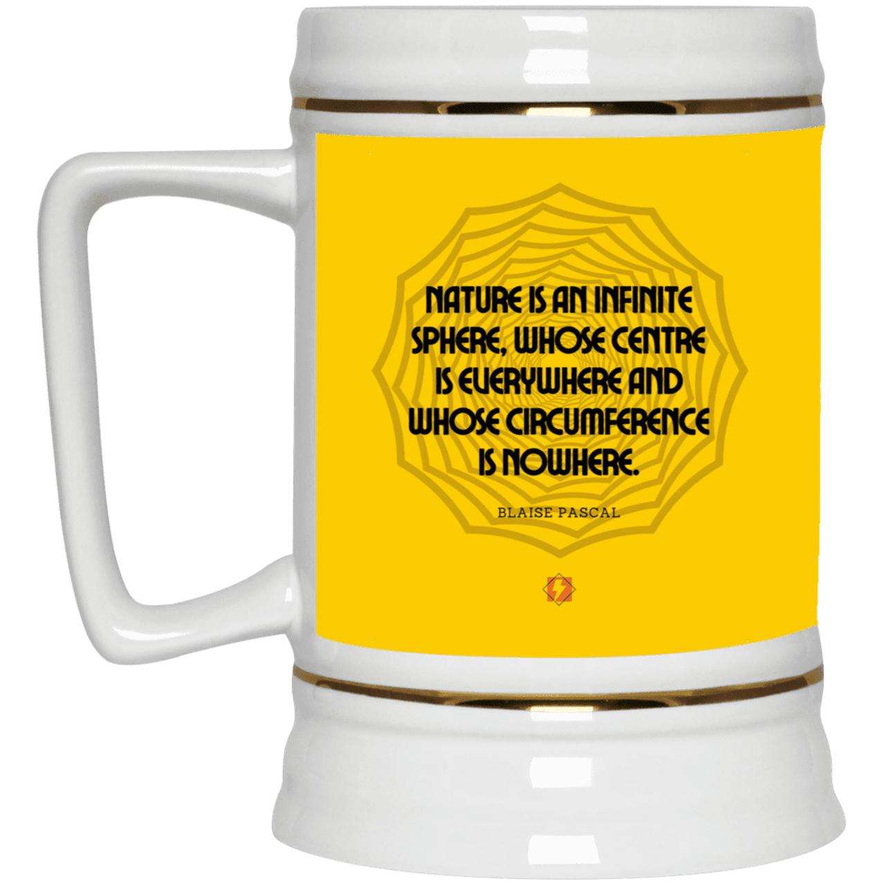 Ceramic Beer Stein Mug with inspiring Pascal quote: BP108 - Nature is unfathomable - Color: Athletic Gold