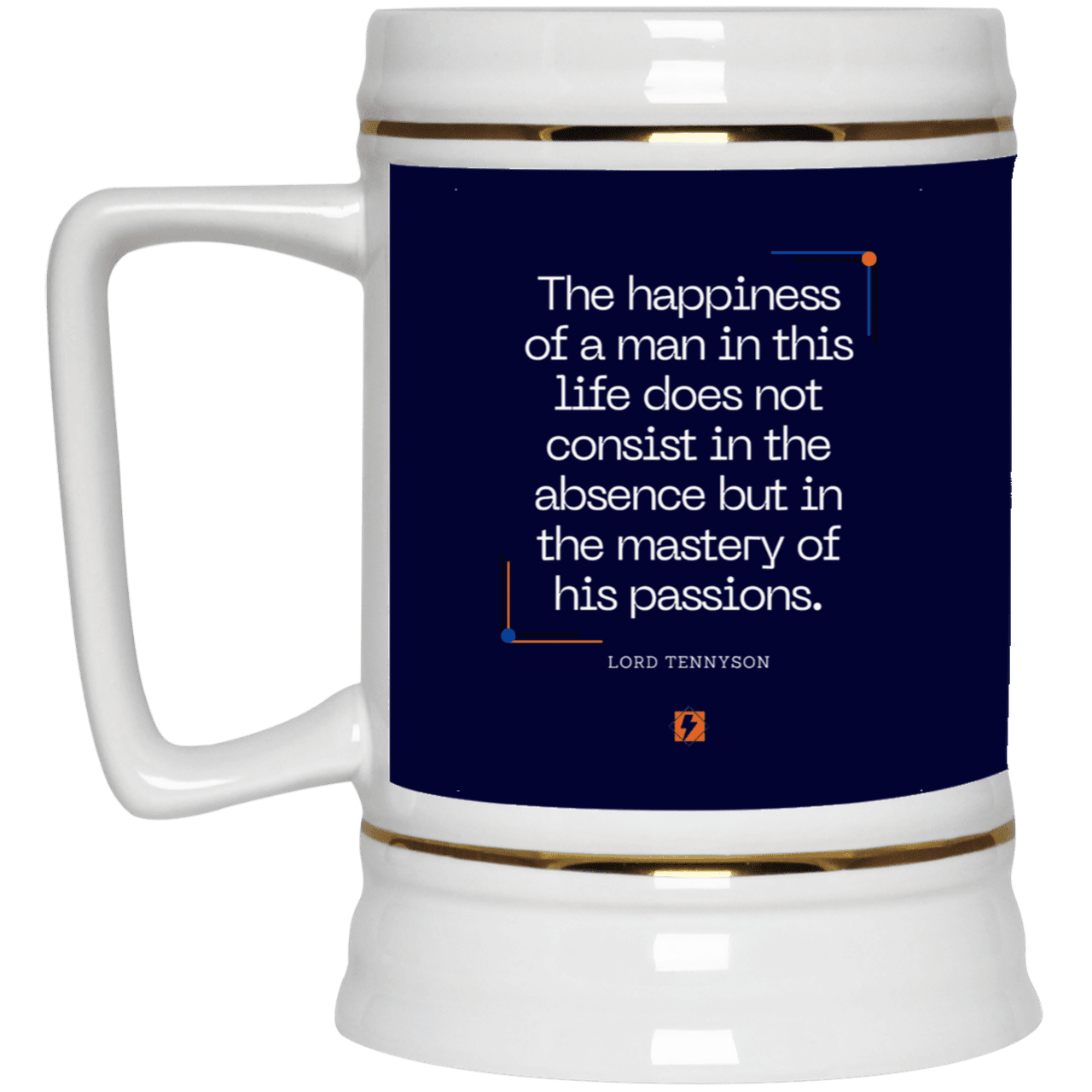 Ceramic Beer Stein Mug with inspiring Tennyson quote: LT115 - Happiness is about mastery over passions - Color: Navy