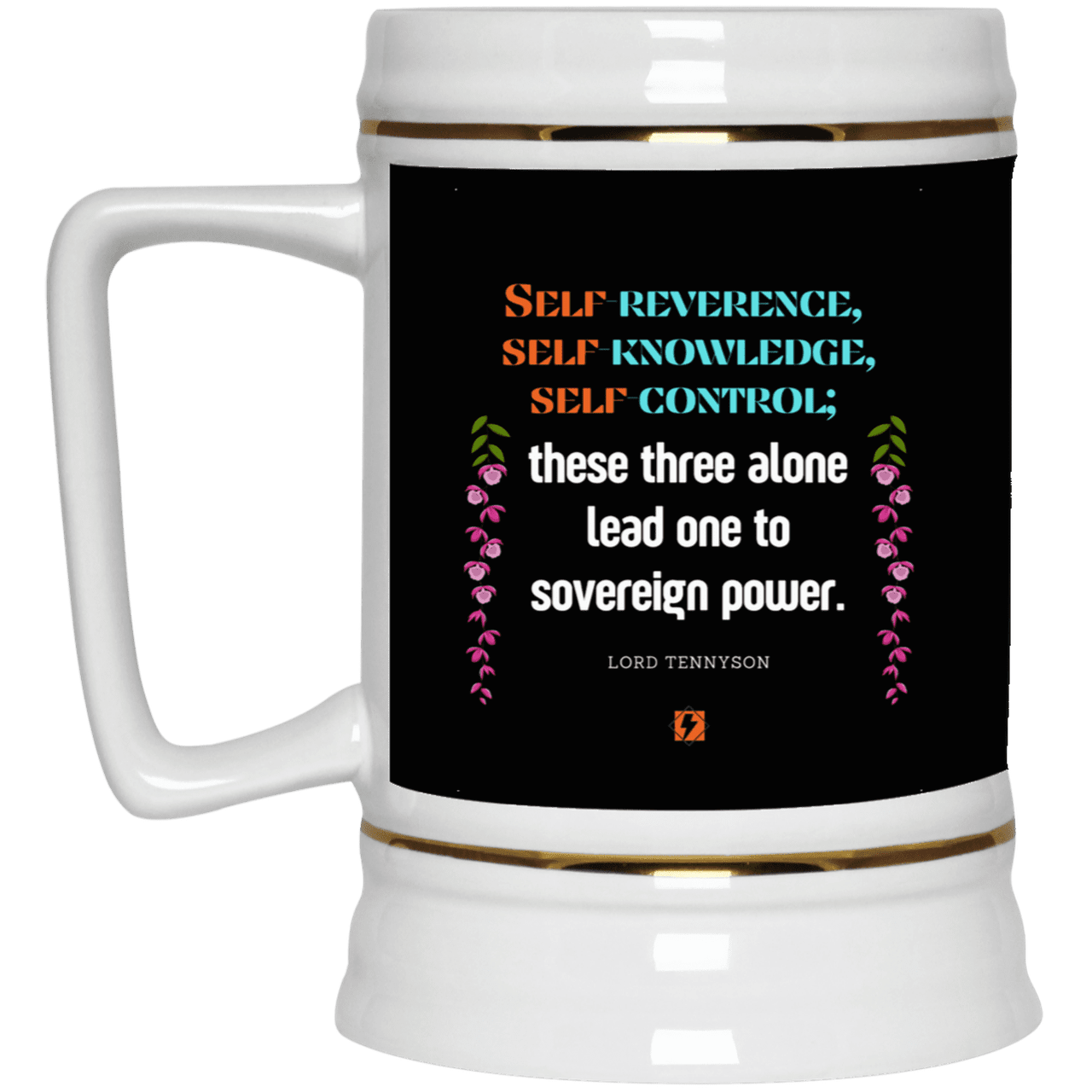 Ceramic Beer Stein Mug with inspiring Tennyson quote: LT113 - Self knowledge leads to power - Color: Black White