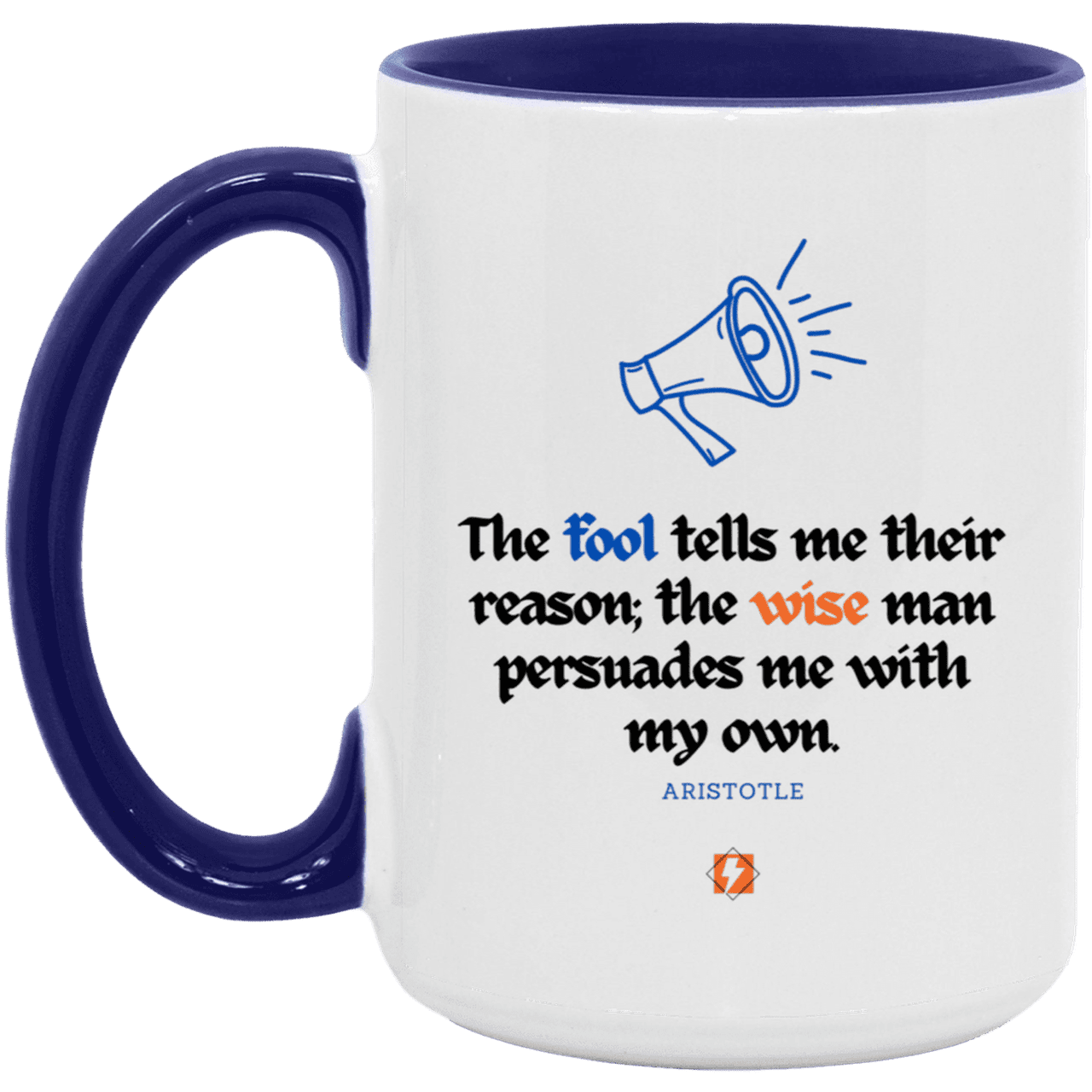 Ceramic Large Mug 15oz with inspiring Aristotle quote: A125 - Persuade me with my reasons - Color: White/Midnight Blue