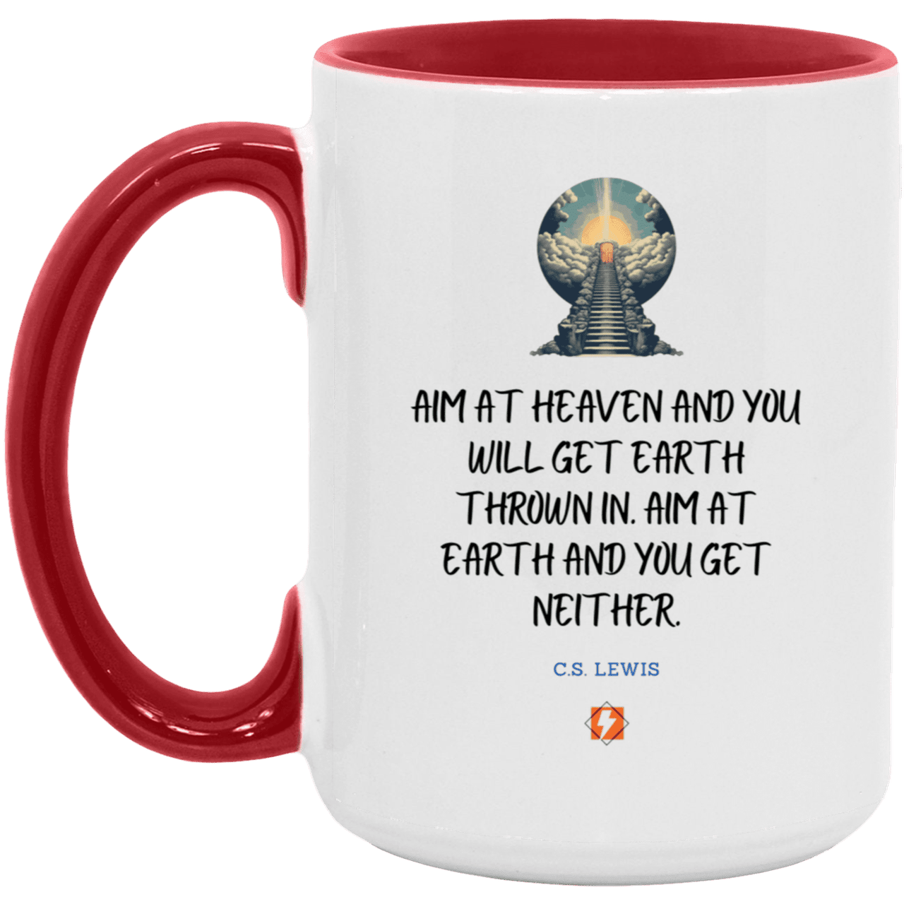 Ceramic Large Mug 15oz with inspiring Lewis quote: CS101 - Aim for heaven - Color: White/Red