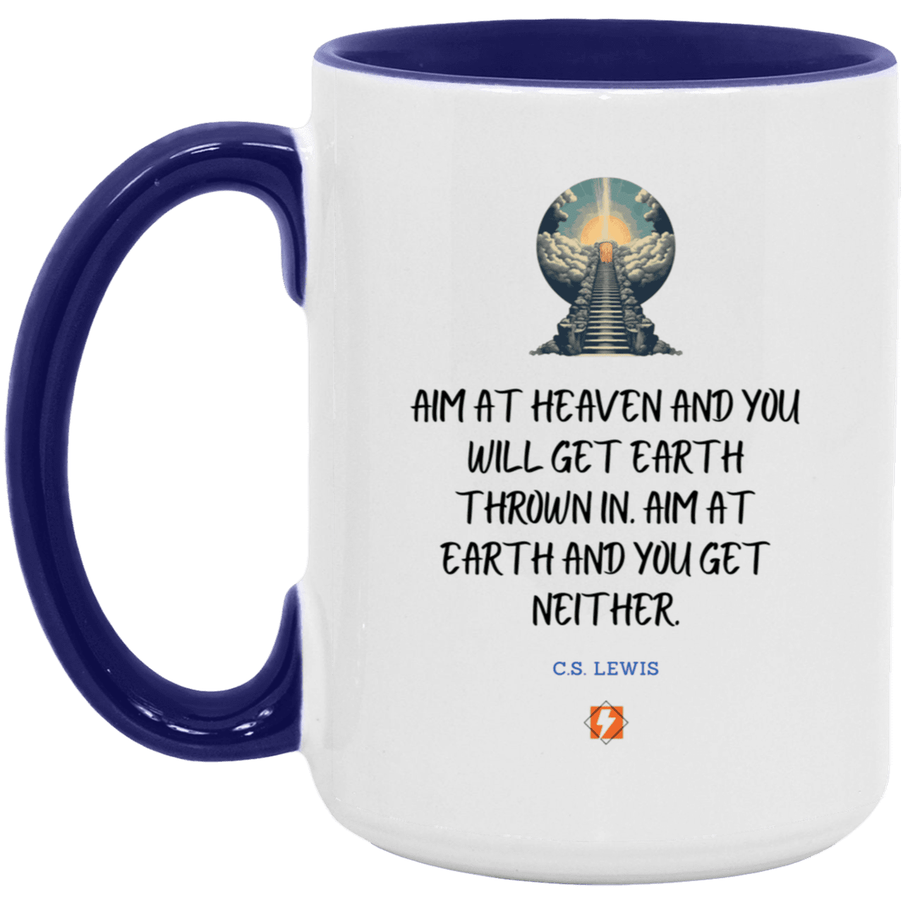 Ceramic Large Mug 15oz with inspiring Lewis quote: CS101 - Aim for heaven - Color: White/Midnight Blue