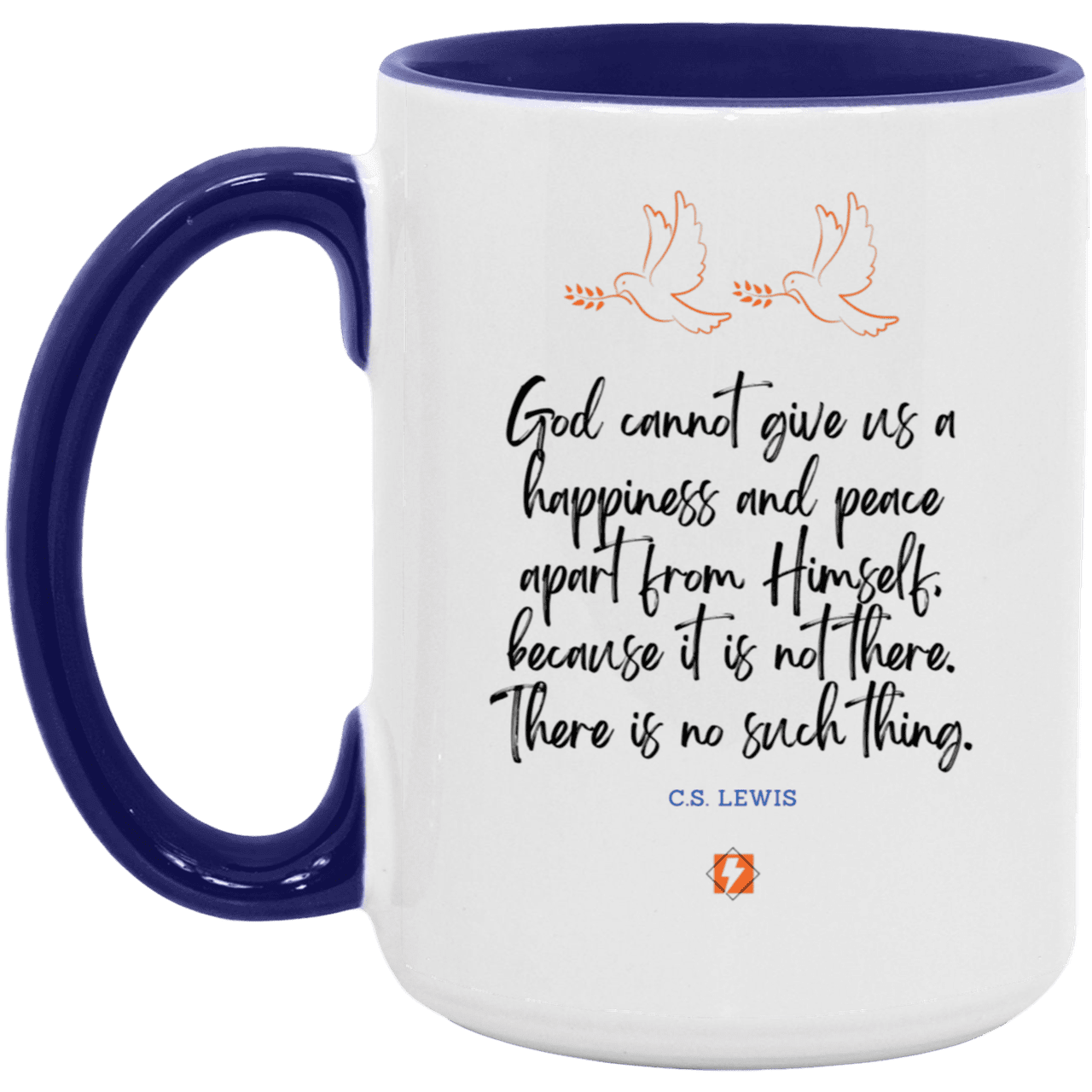 Ceramic Large Mug 15oz with inspiring Lewis quote: CS106 - No peace apart from God - Color: White/Midnight Blue