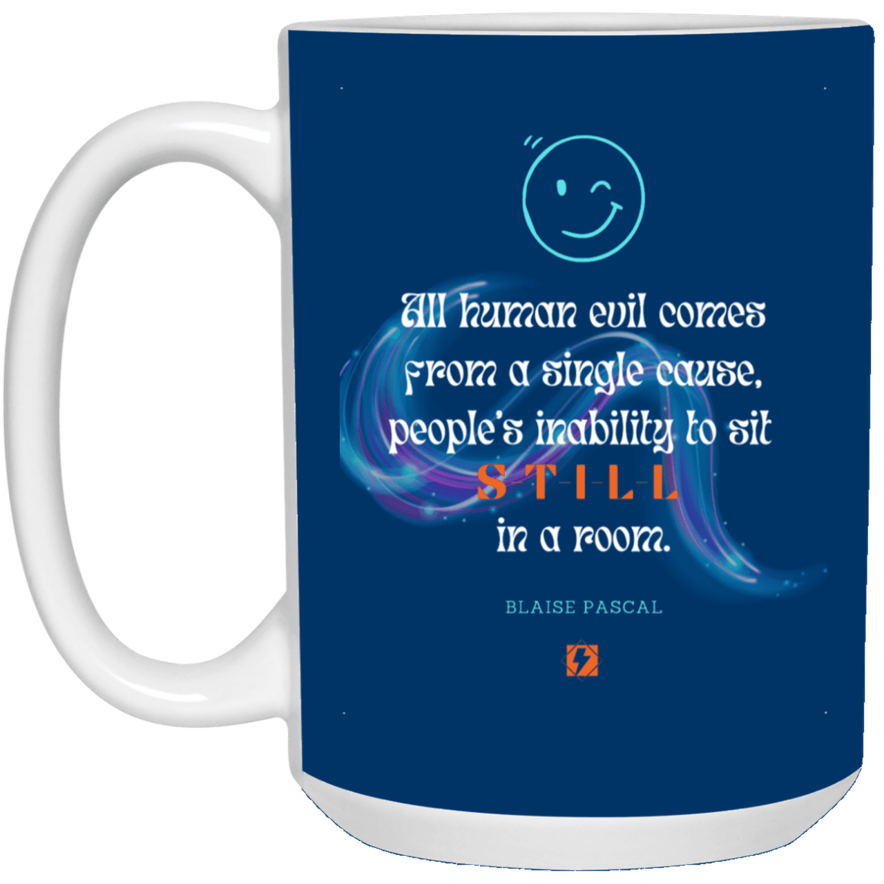 Ceramic Large Mug 15oz with inspiring Pascal quote: BP101 - Importance of keeping still - Color: Royal