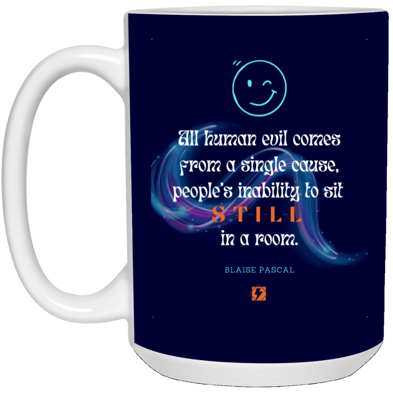 Ceramic Large Mug 15oz with inspiring Pascal quote: BP101 - Importance of keeping still - Color: Navy