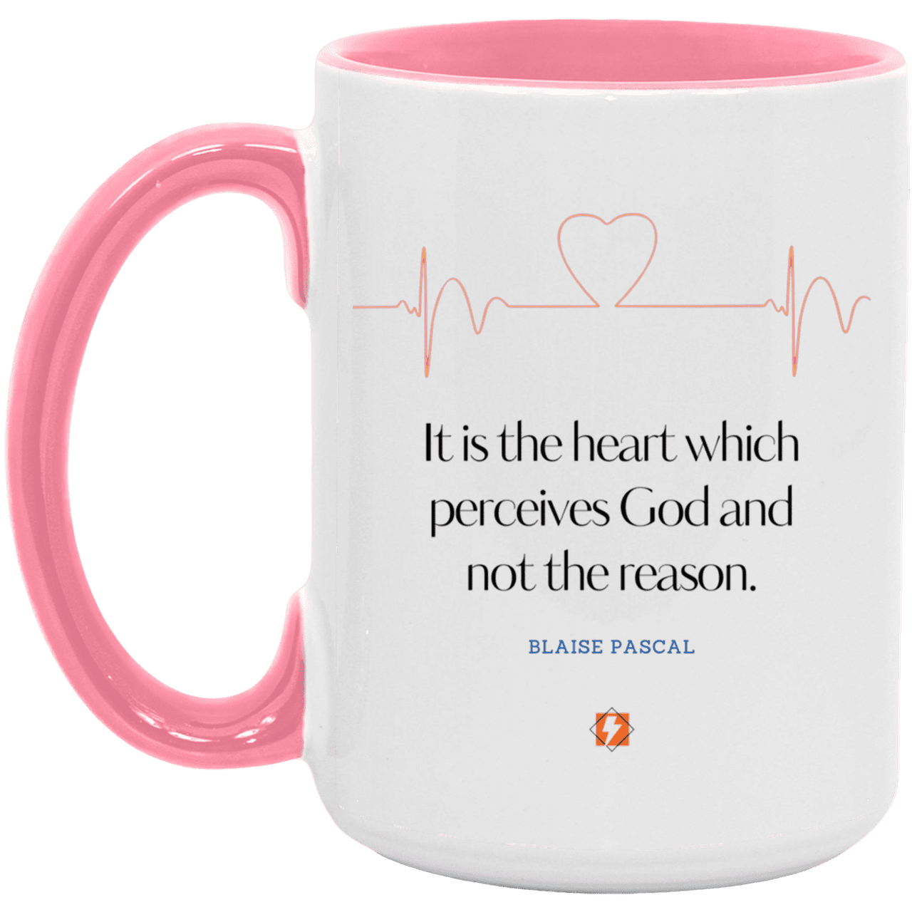 Ceramic Large Mug 15oz with inspiring Pascal quote: BP105 - God is perceived in the heart - Color: White/Pink