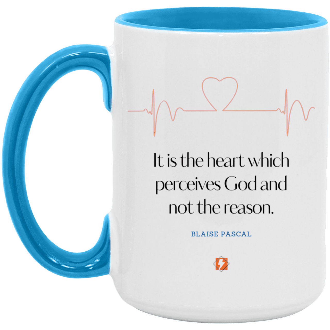 Ceramic Large Mug 15oz with inspiring Pascal quote: BP105 - God is perceived in the heart - Color: White/Light Blue