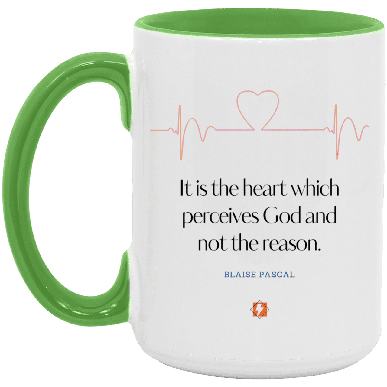 Ceramic Large Mug 15oz with inspiring Pascal quote: BP105 - God is perceived in the heart - Color: White/Light Green