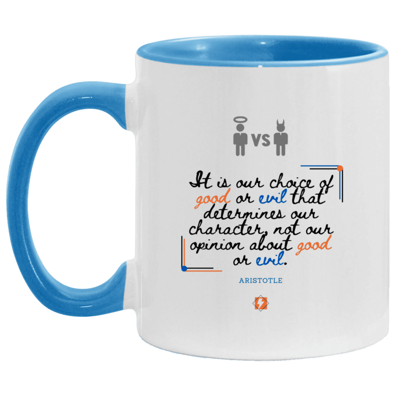 Ceramic Standard Mug 11oz with inspiring Aristotle quote: A116 - Character is self-determined - Color: White/Light Blue