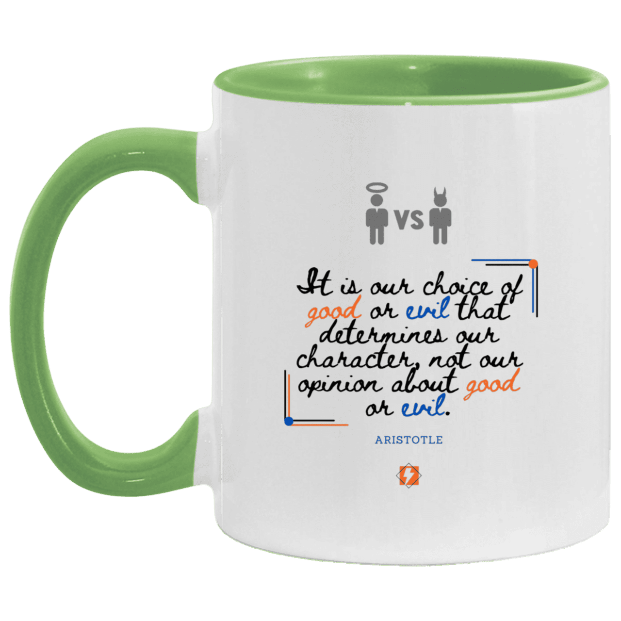 Ceramic Standard Mug 11oz with inspiring Aristotle quote: A116 - Character is self-determined - Color: White/Light Green