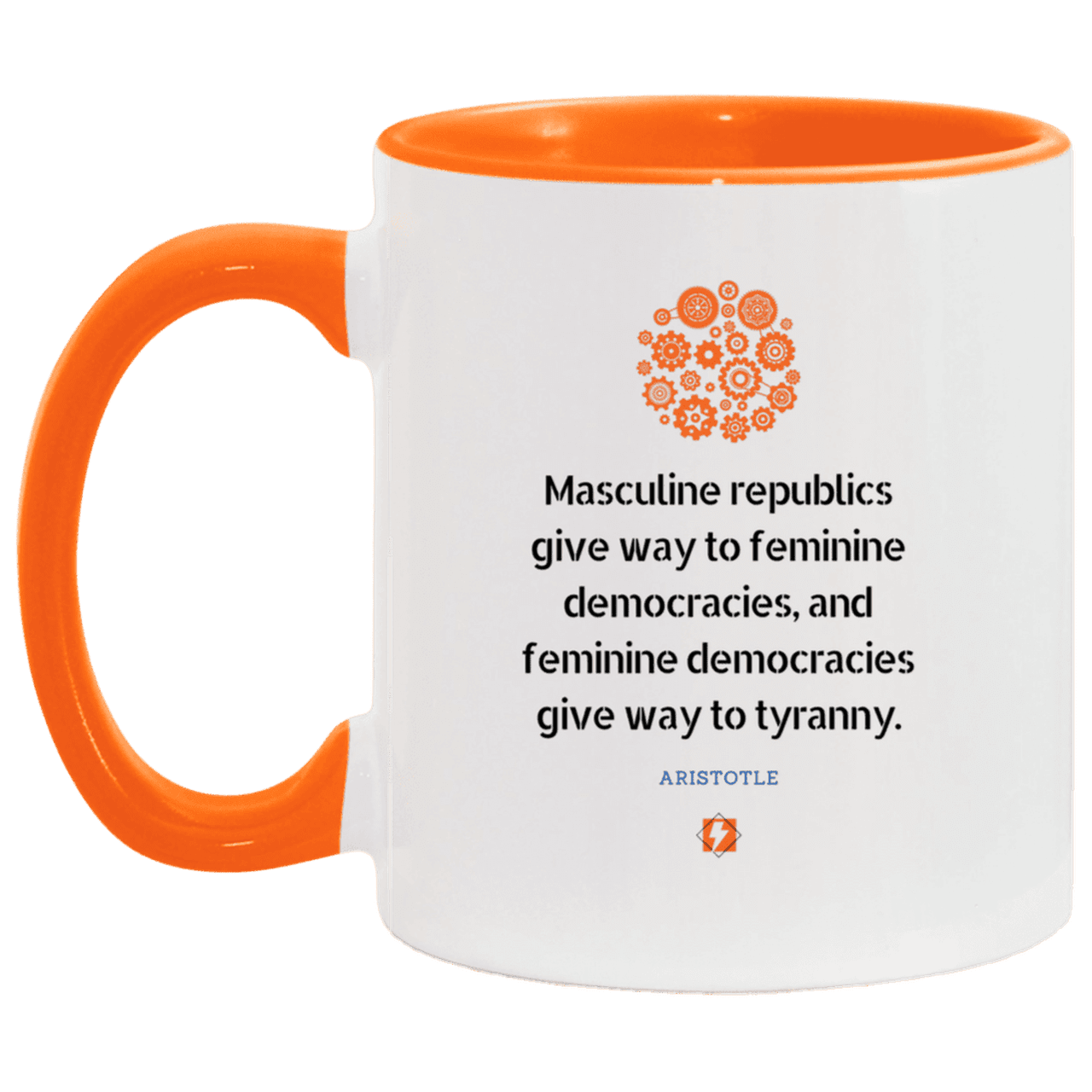 Ceramic Standard Mug 11oz with inspiring Aristotle quote: A121 - Republic to Democracy to Tyranny - Color: White/Orange