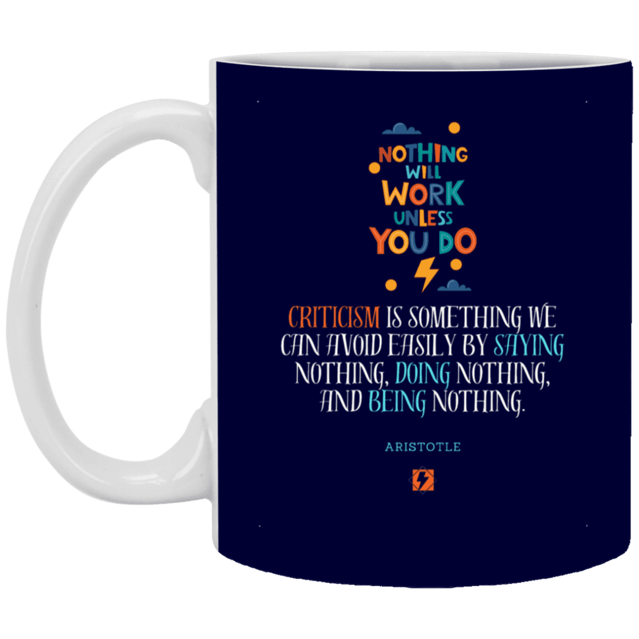 Ceramic Standard Mug 11oz with inspiring Aristotle quote: A109 - Only action-takers get criticised - Color: Navy