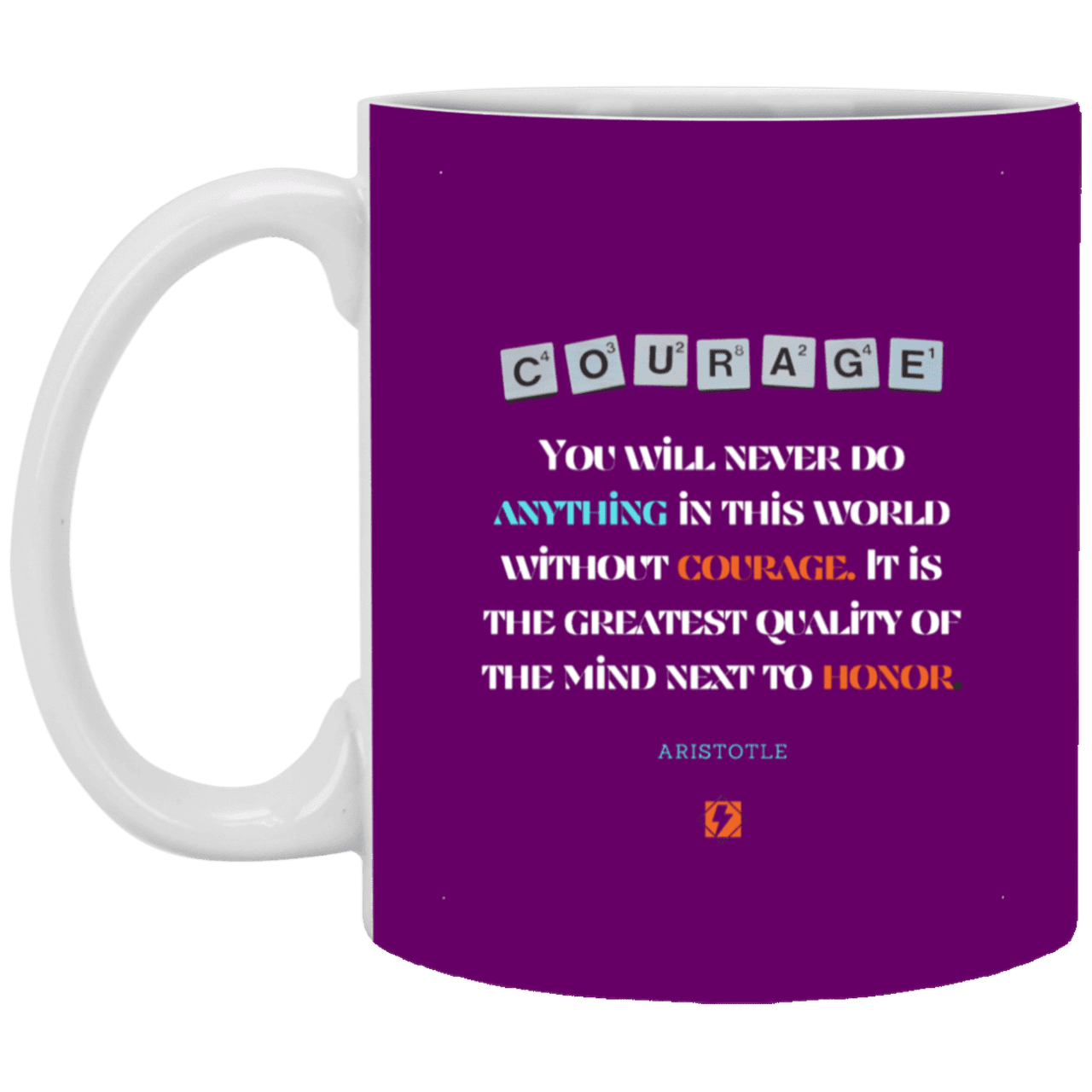 Ceramic Standard Mug 11oz with inspiring Aristotle quote: A133 - Courage is the greatest quality - Color: Purple