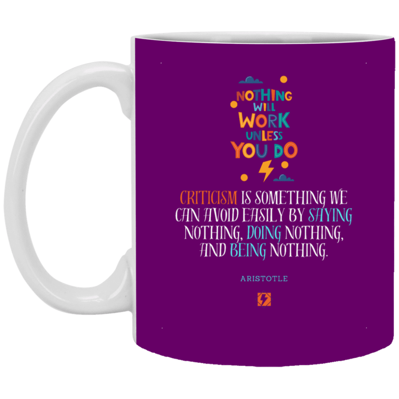 Ceramic Standard Mug 11oz with inspiring Aristotle quote: A109 - Only action-takers get criticised - Color: Purple