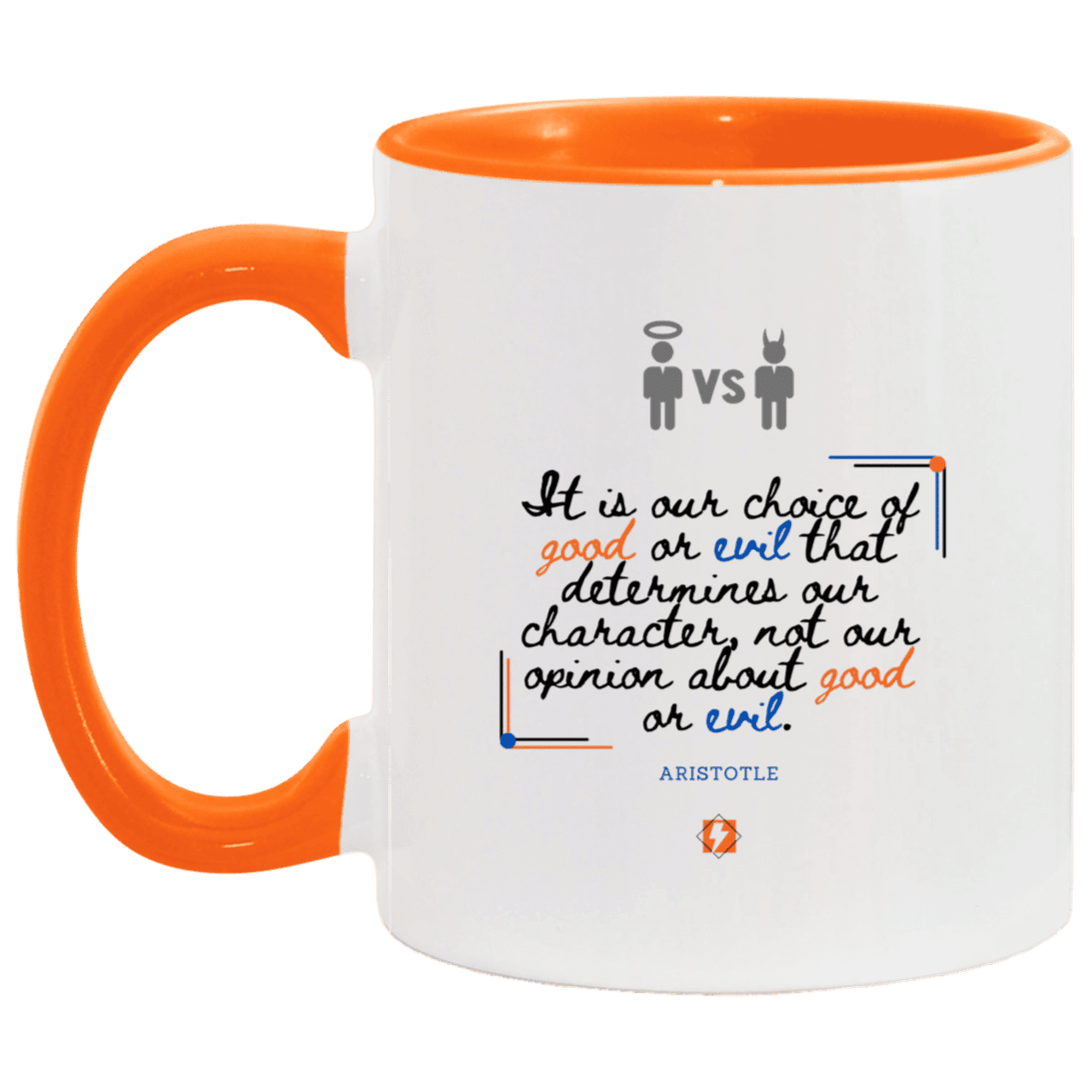 Ceramic Standard Mug 11oz with inspiring Aristotle quote: A116 - Character is self-determined - Color: White/Orange