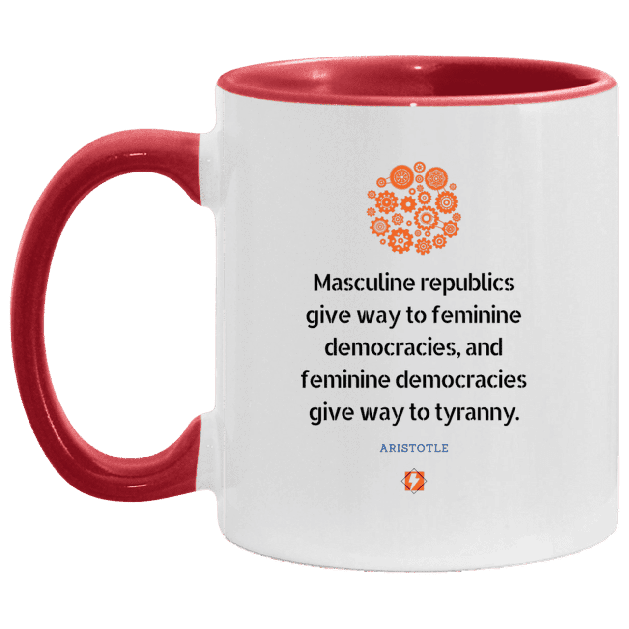 Ceramic Standard Mug 11oz with inspiring Aristotle quote: A121 - Republic to Democracy to Tyranny - Color: White/Red