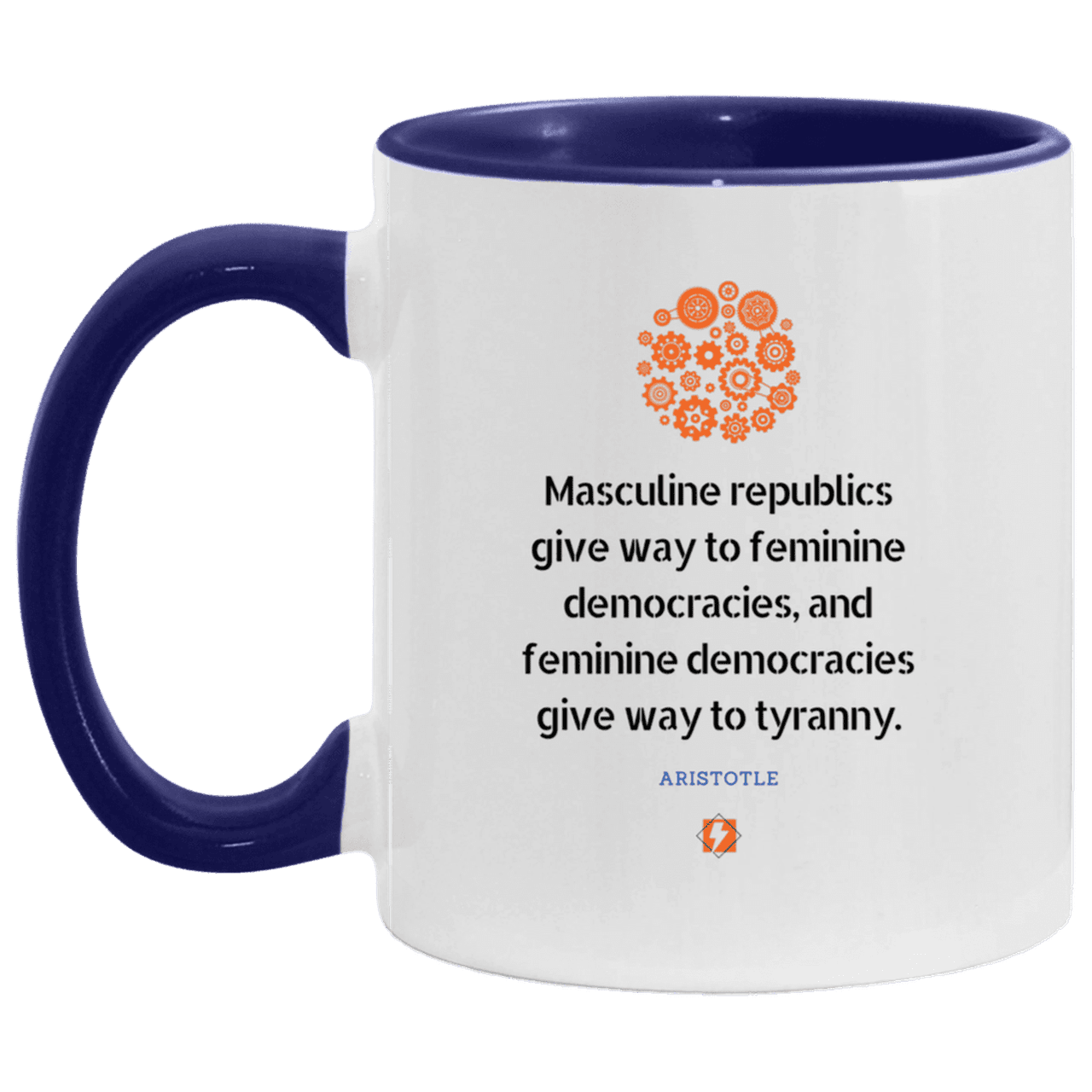 Ceramic Standard Mug 11oz with inspiring Aristotle quote: A121 - Republic to Democracy to Tyranny - Color: White/Midnight Blue