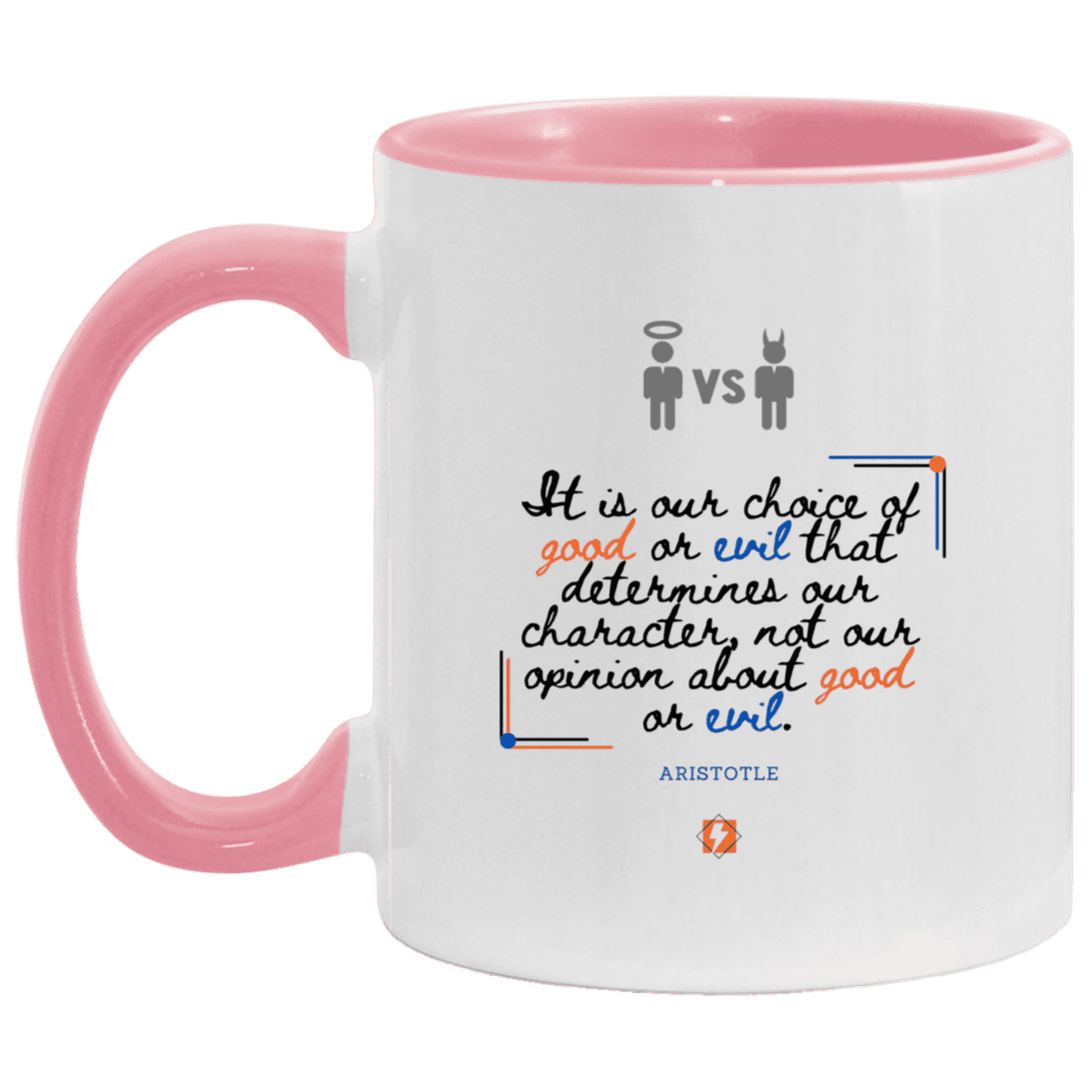 Ceramic Standard Mug 11oz with inspiring Aristotle quote: A116 - Character is self-determined - Color: White/Pink