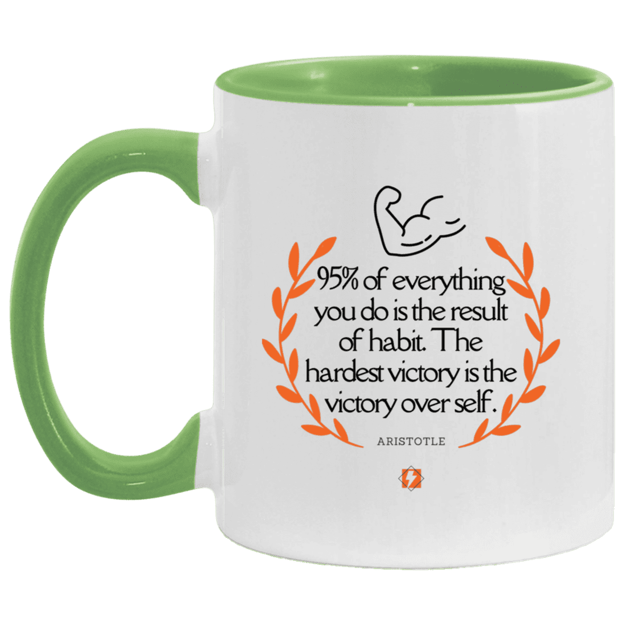 Ceramic Standard Mug 11oz with inspiring Aristotle quote: A101 - Habits lead to victory - Color: White/Light Green