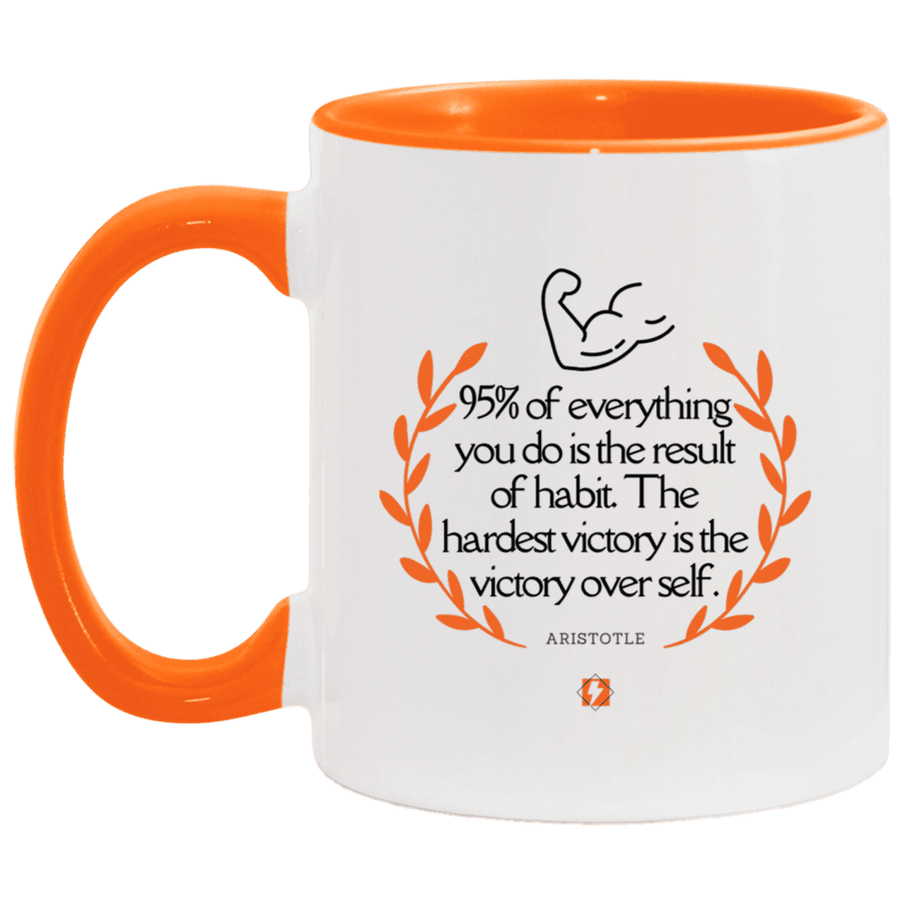 Ceramic Standard Mug 11oz with inspiring Aristotle quote: A101 - Habits lead to victory - Color: White/Orange