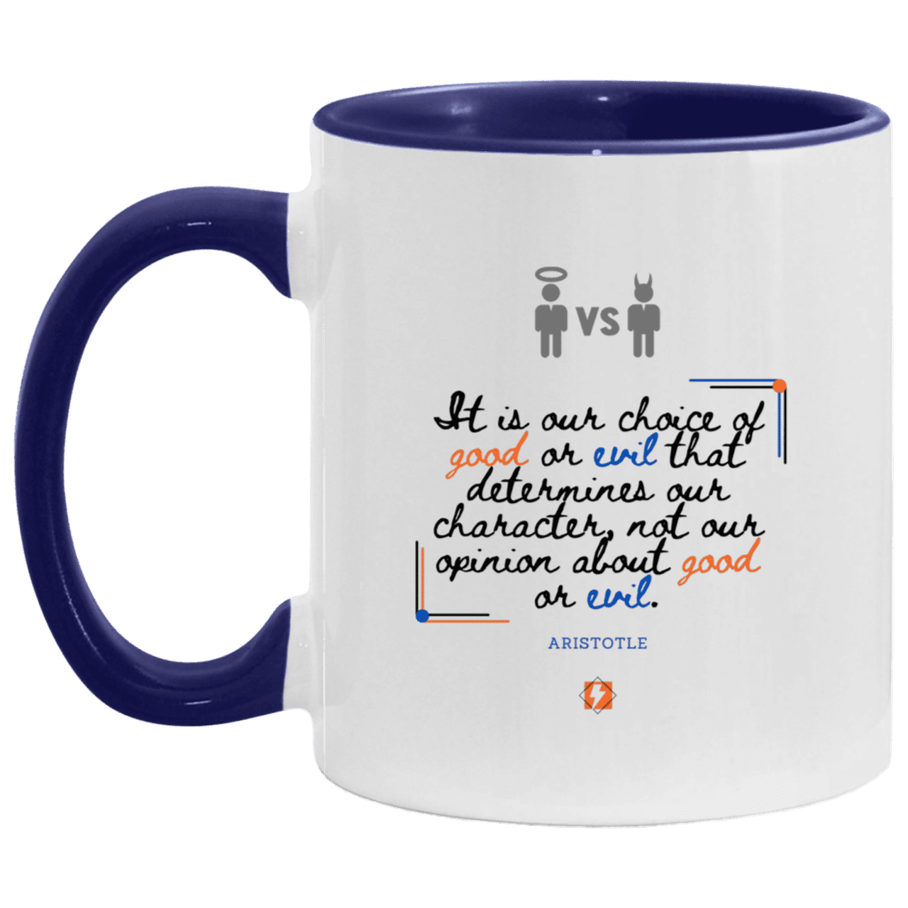 Ceramic Standard Mug 11oz with inspiring Aristotle quote: A116 - Character is self-determined - Color: White/Midnight Blue