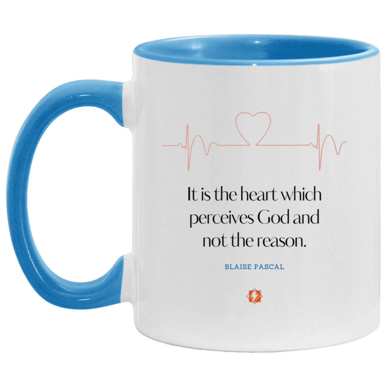 Ceramic Standard Mug 11oz with inspiring Pascal quote: BP105 - God is perceived in the heart - Color: White/Light Blue