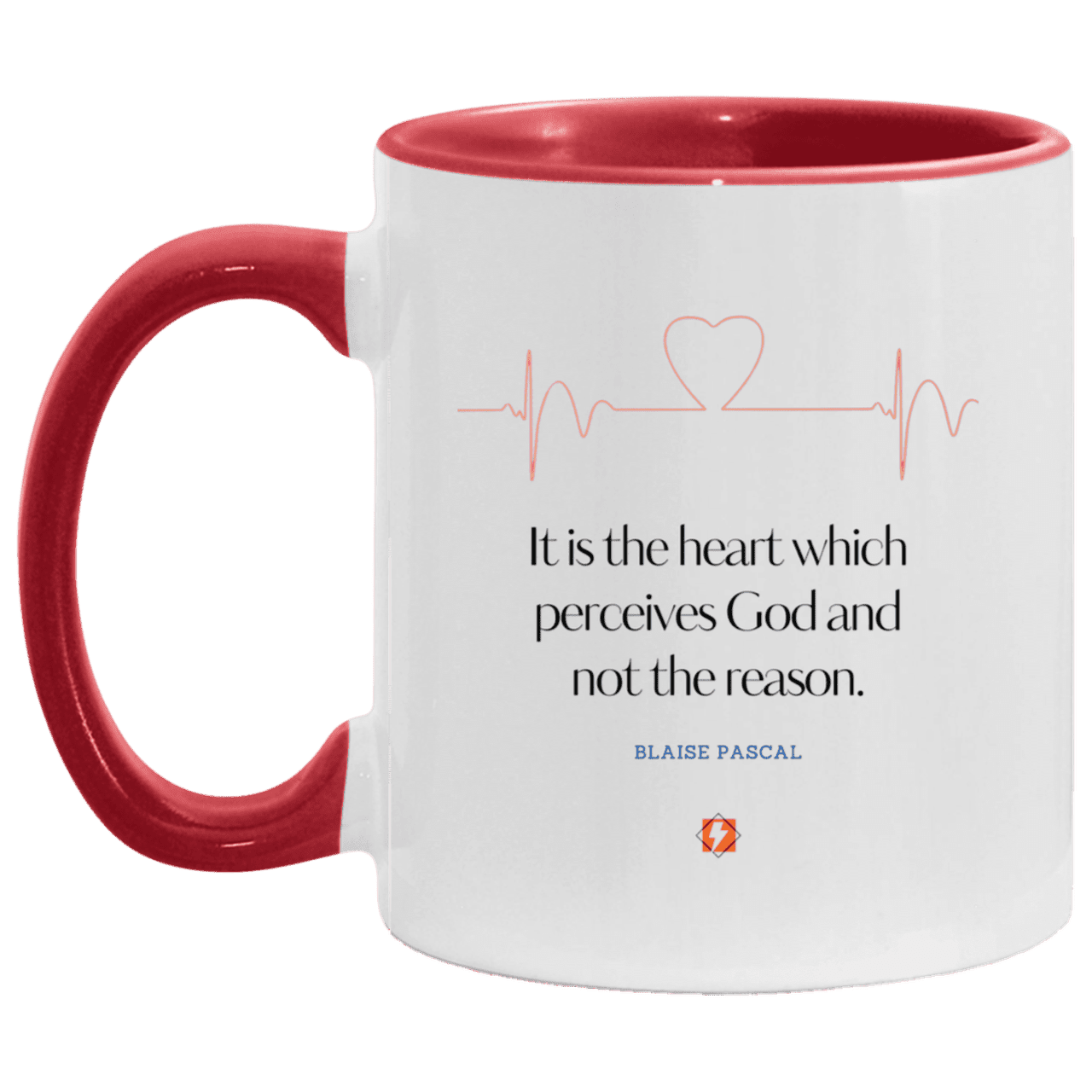 Ceramic Standard Mug 11oz with inspiring Pascal quote: BP105 - God is perceived in the heart - Color: White/Red