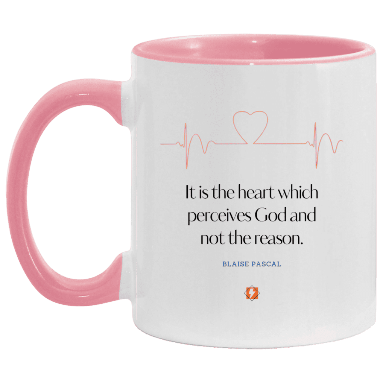 Ceramic Standard Mug 11oz with inspiring Pascal quote: BP105 - God is perceived in the heart - Color: White/Pink