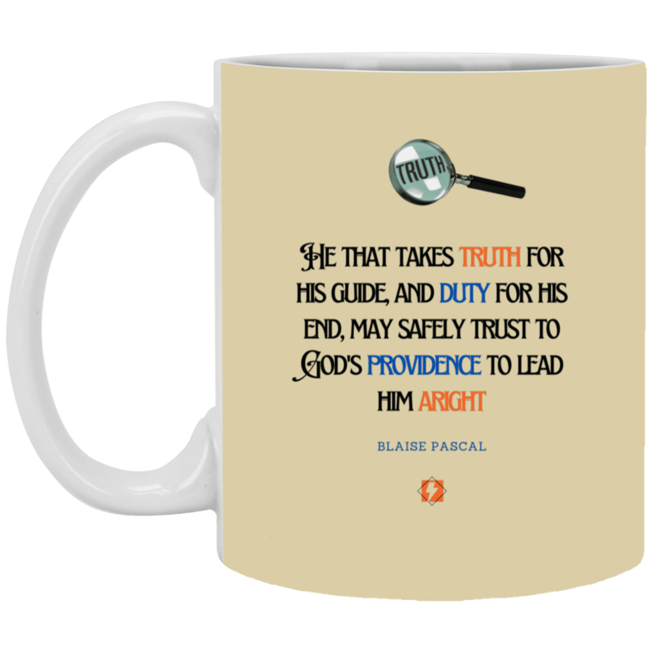 Ceramic Standard Mug 11oz with inspiring Pascal quote: BP103 - Truth and Duty attains Providence - Color: Tan