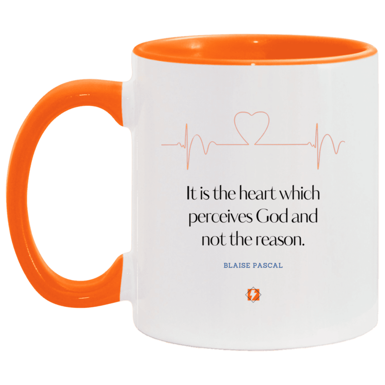 Ceramic Standard Mug 11oz with inspiring Pascal quote: BP105 - God is perceived in the heart - Color: White/Orange