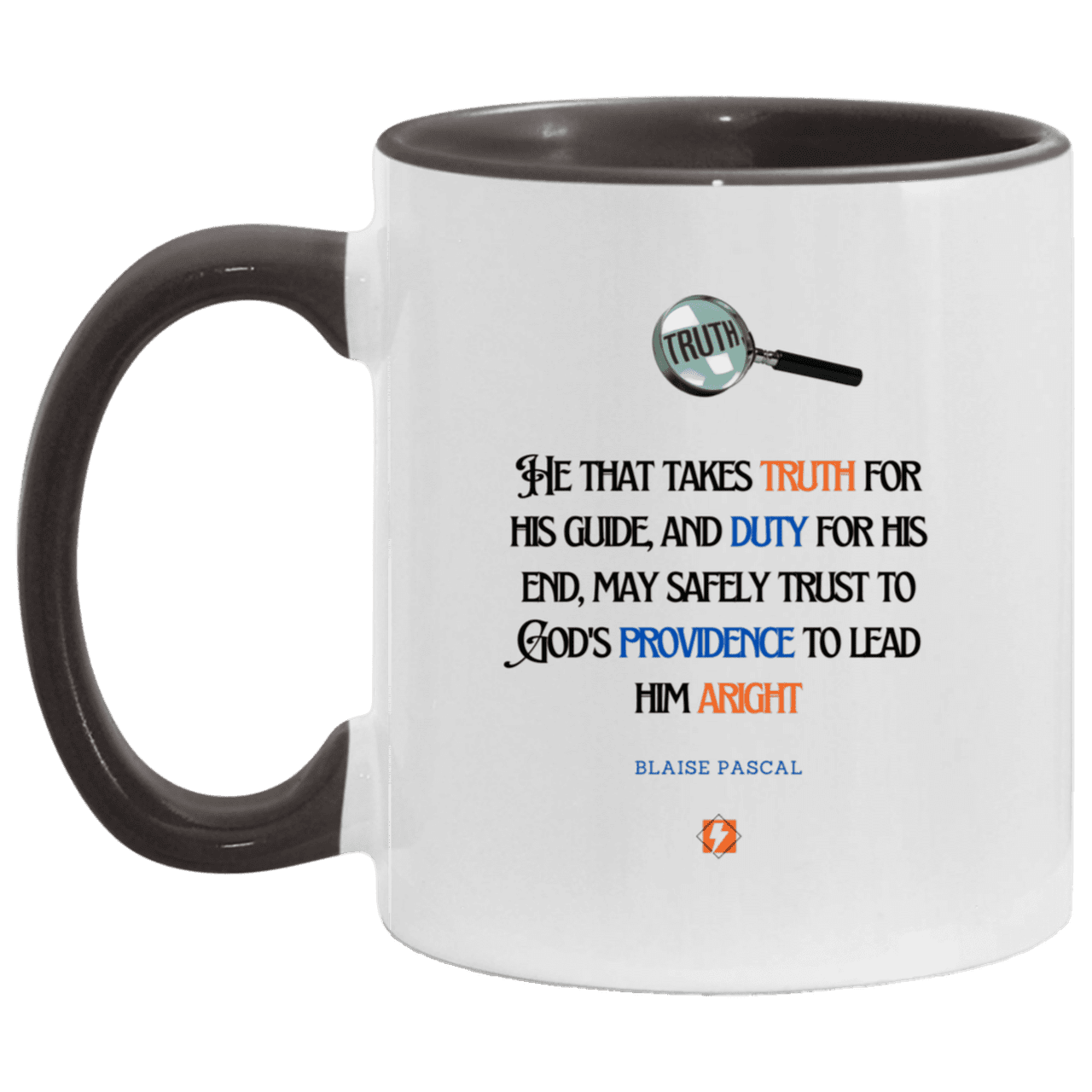 Ceramic Standard Mug 11oz with inspiring Pascal quote: BP103 - Truth and Duty attains Providence - Color: White/Black