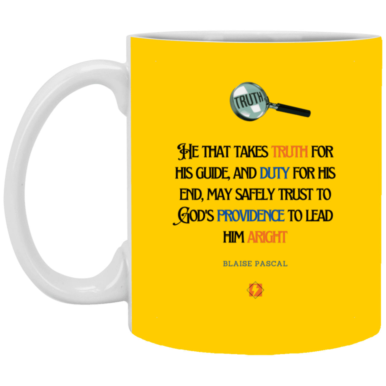 Ceramic Standard Mug 11oz with inspiring Pascal quote: BP103 - Truth and Duty attains Providence - Color: Athletic Gold