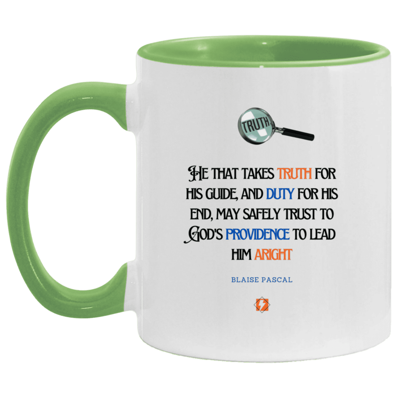 Ceramic Standard Mug 11oz with inspiring Pascal quote: BP103 - Truth and Duty attains Providence - Color: White/Light Green