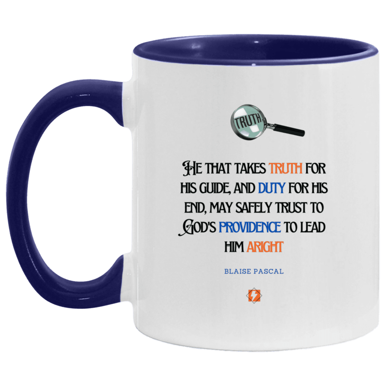 Ceramic Standard Mug 11oz with inspiring Pascal quote: BP103 - Truth and Duty attains Providence - Color: White/Midnight Blue