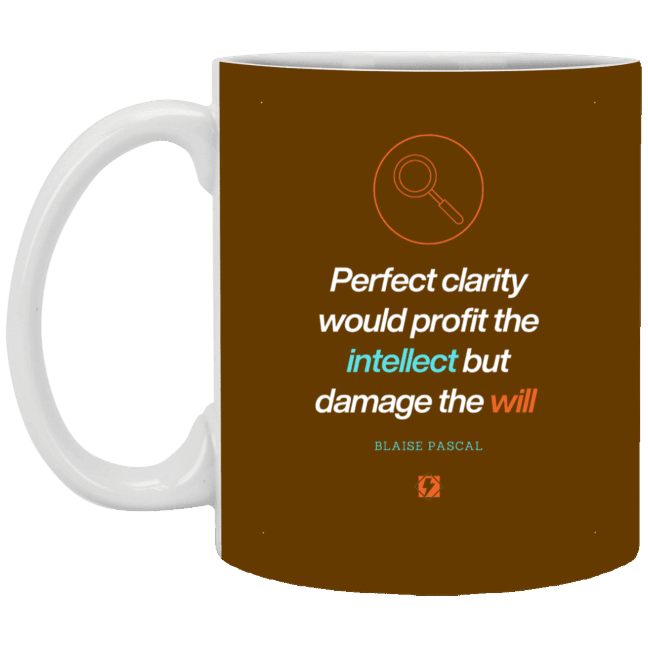 Ceramic Standard Mug 11oz with inspiring Pascal quote: BP109 - Clarity sometimes leads to inaction - Color: Brown